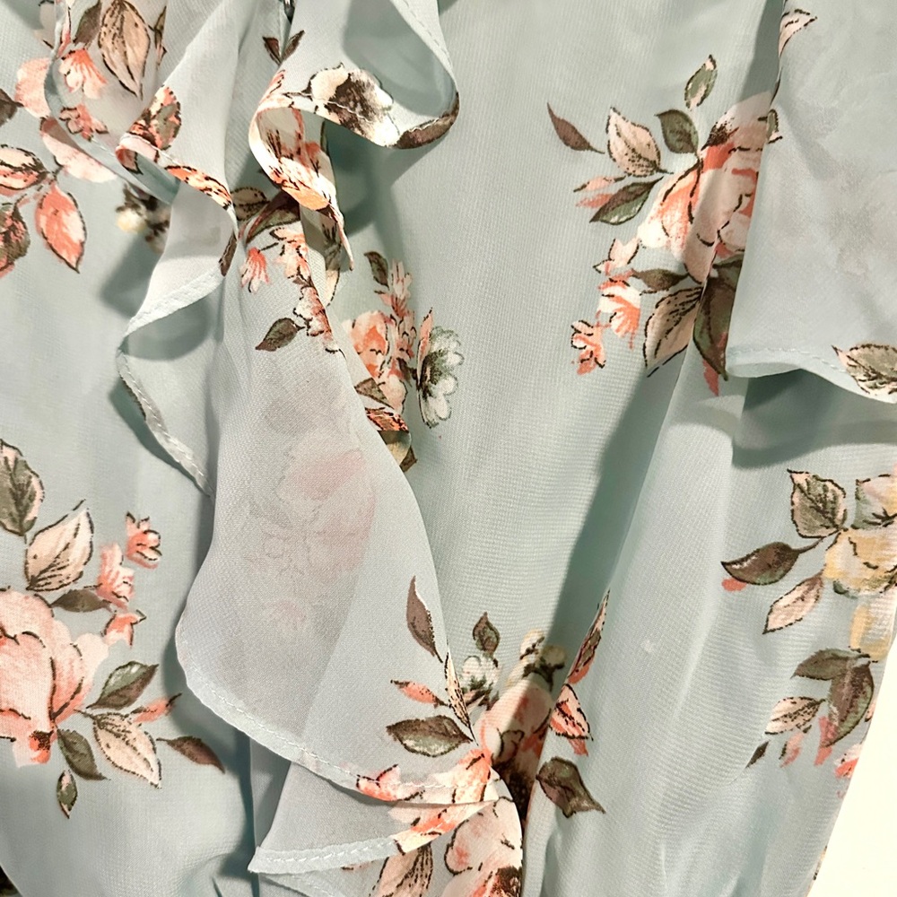 Maurices Flutter Sleeve Chiffon Wrap Mini Dress Mint Green Floral Size Small - Picture 10 of 12